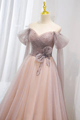 Bridesmaid Dress Long Sleeves, Pink Tulle Beaded Long Prom Dress, Off the Shoulder Evening Dress