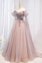 Bridesmaids Dresses Pink, Pink Tulle Beaded Long Prom Dress, Off the Shoulder Evening Dress