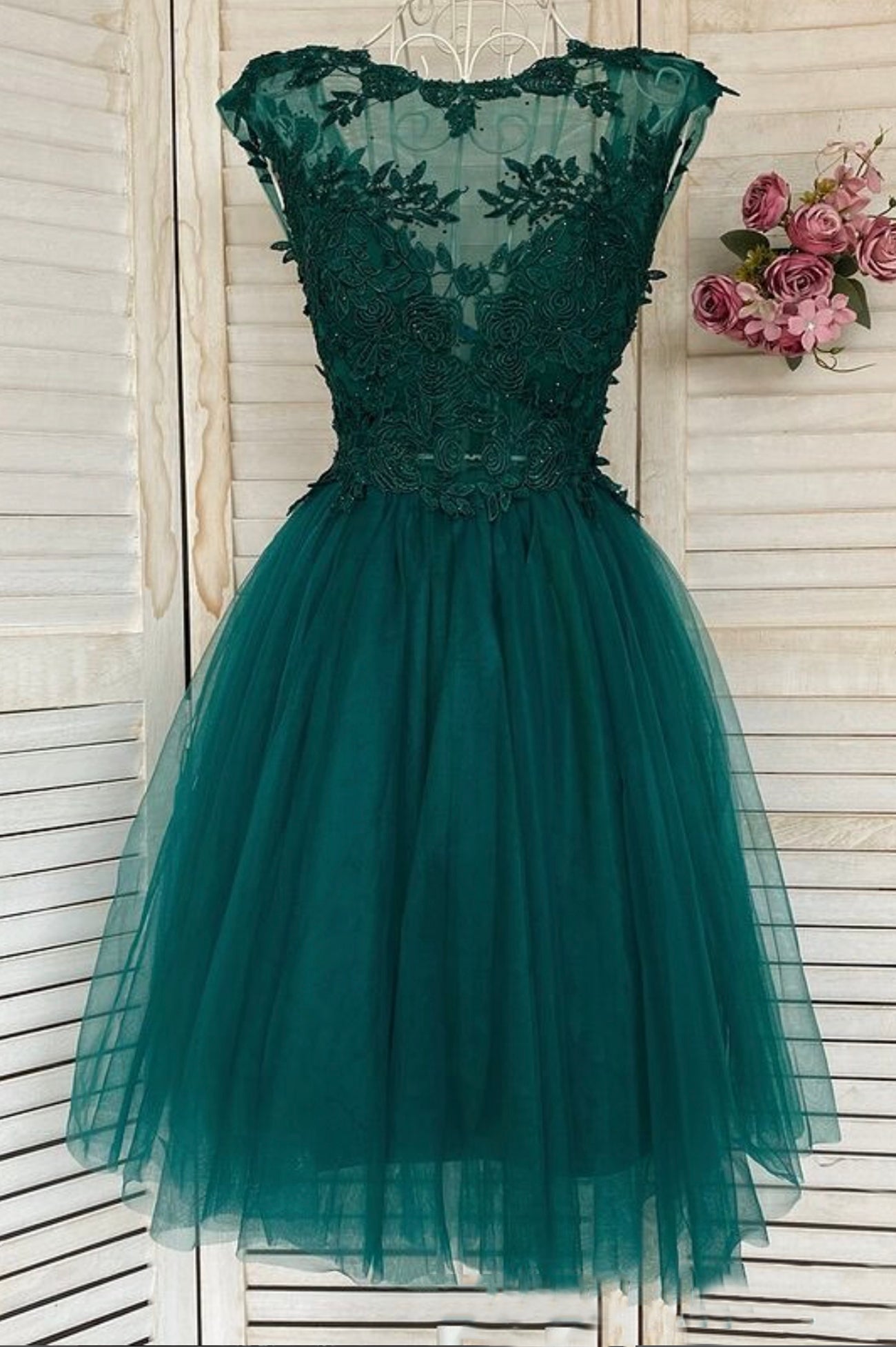 Prom Dresses Open Back, Green Lace Short Prom Dress, A-Line Homecoming Dress
