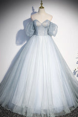 Party Dress With Sleeves, Blue Tulle Long A-Line Prom Dress, Blue Off the Shoulder Evening Dress