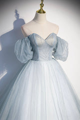 Party Dress Mid Length, Blue Tulle Long A-Line Prom Dress, Blue Off the Shoulder Evening Dress