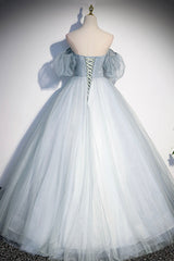 Party Dress Night Out, Blue Tulle Long A-Line Prom Dress, Blue Off the Shoulder Evening Dress