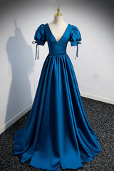 Party Dress Afternoon Tea, Blue V-Neck Satin Long Prom Dress, Simple A-Line Evening Dress