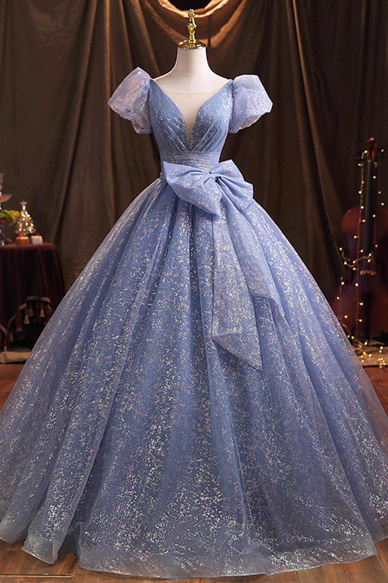 Party Dresses For 33 Year Olds, Blue Tulle Sequins Long Prom Dress, A-Line Evening Gown with Bow