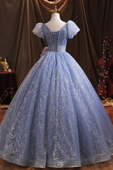 Party Dresses And Jumpsuits, Blue Tulle Sequins Long Prom Dress, A-Line Evening Gown with Bow