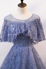 Party Dresses For Girl, Blue Tulle Sequins Long Prom Dress, A-Line Blue Evening Dress