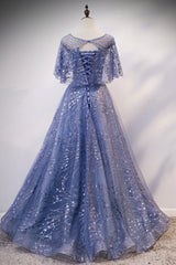 Party Dress Man, Blue Tulle Sequins Long Prom Dress, A-Line Blue Evening Dress