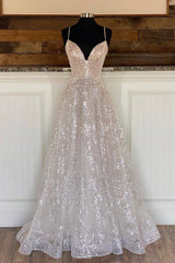 Classy Dress, A-Line Tulle Sequins Long Prom Dresses, Spaghetti Straps V-Neck Evening Dresses