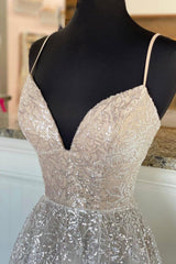 Semi Formal Dress, A-Line Tulle Sequins Long Prom Dresses, Spaghetti Straps V-Neck Evening Dresses