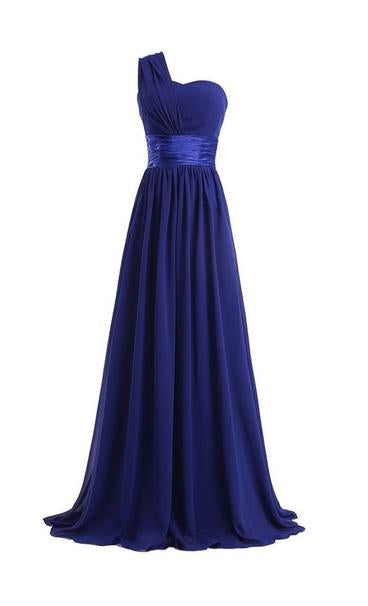 Satin Dress, Column One Shoulder Floor Length Chiffon Royal Blue Bridesmaid Dresses