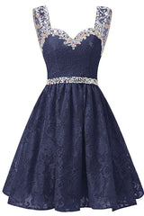 Party Dress Short Clubwear, Gorgeous A Line Straps Knee Length Lace With Beading Homecoming Dresses