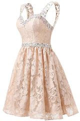 Party Dress For Christmas Party, Gorgeous A Line Straps Knee Length Lace With Beading Homecoming Dresses