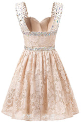 Party Dress Miami, Gorgeous A Line Straps Knee Length Lace With Beading Homecoming Dresses