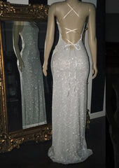 Formal Dressed Long Gowns, 2024 Silver Halter Sequins Prom Dresses