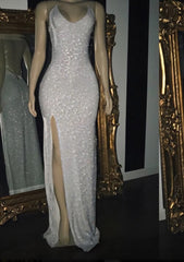 Formal Dress Classy, 2024 Silver Halter Sequins Prom Dresses
