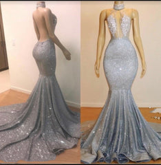 Rustic Wedding Dress, 2024 High Neck Silver Backless Sexy Mermaid Prom Dresses