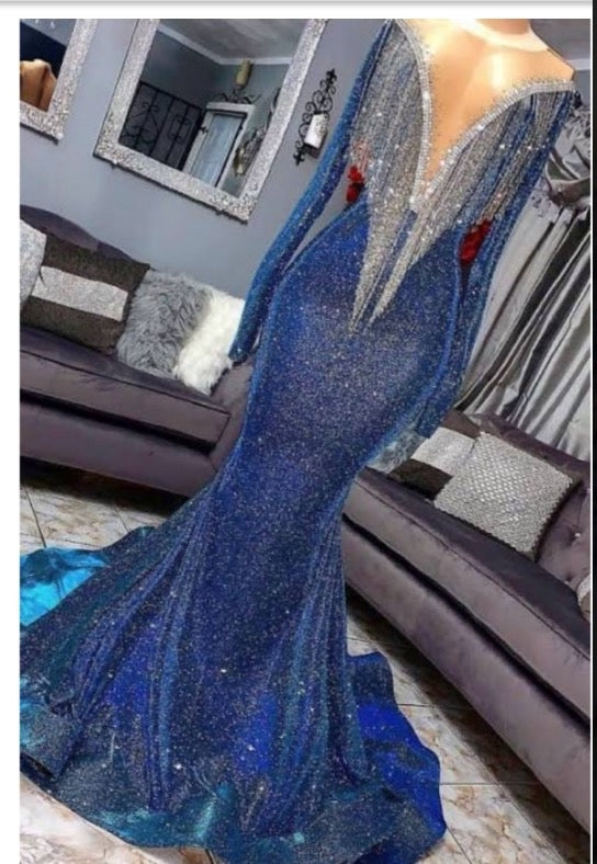Midi Dress, 2024 Sexy Long Sleeve Mermaid V Neck Royal Blue Long Prom Dresses