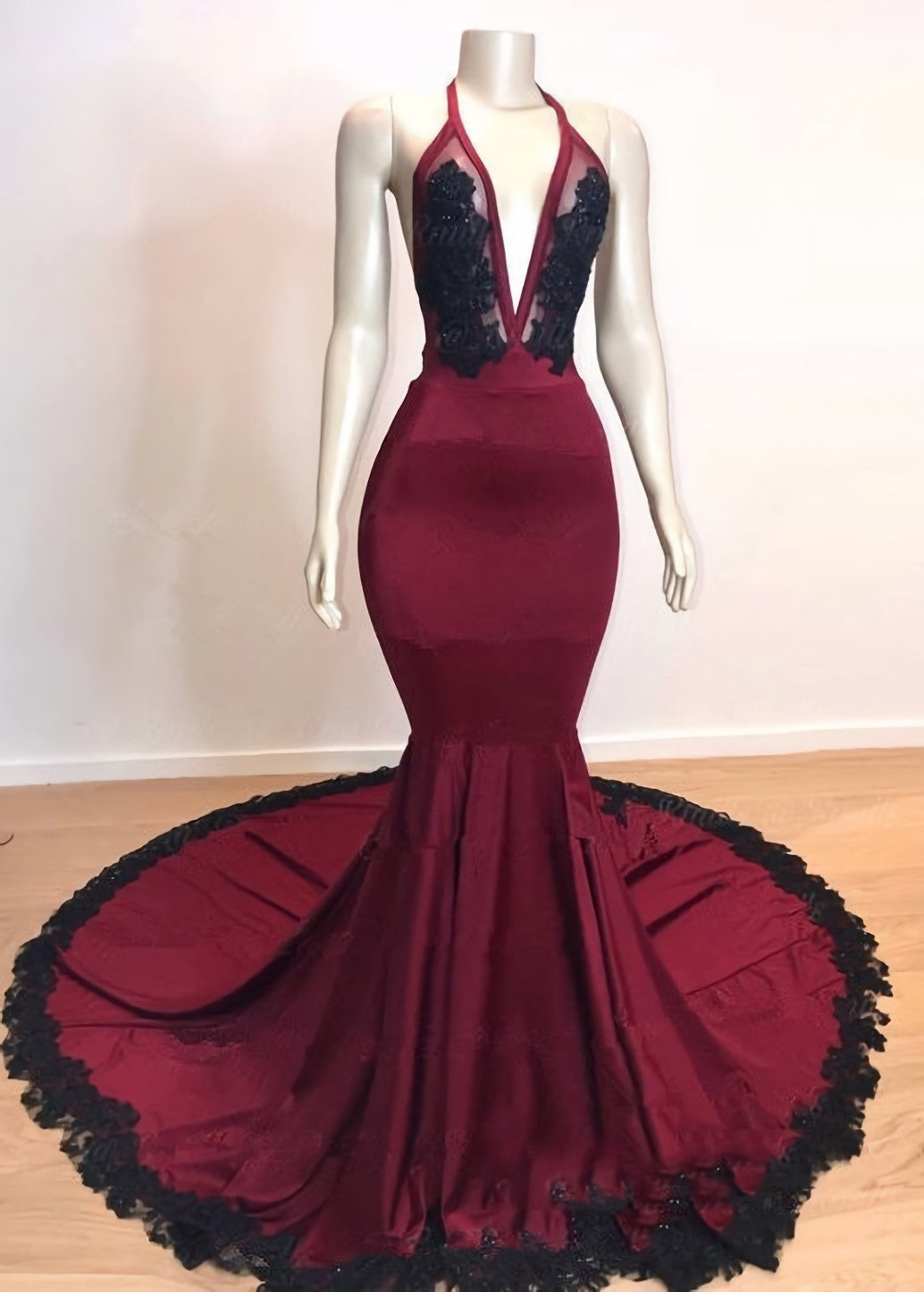 Formal Dress For Teens, Mermaid V Neck Backless Burgundy And Black Long 2024 Prom Dresses