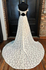 Wedding Dress For Beach Wedding, White Lace Off-the-Shoulder Cutout Floor-Length Wedding Dress