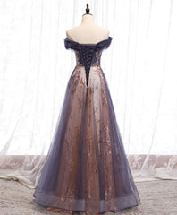Prom Dresses Long Sleeves, Unique Tulle Off Shoulder Lace Long Prom Dress, Lace Formal Dress