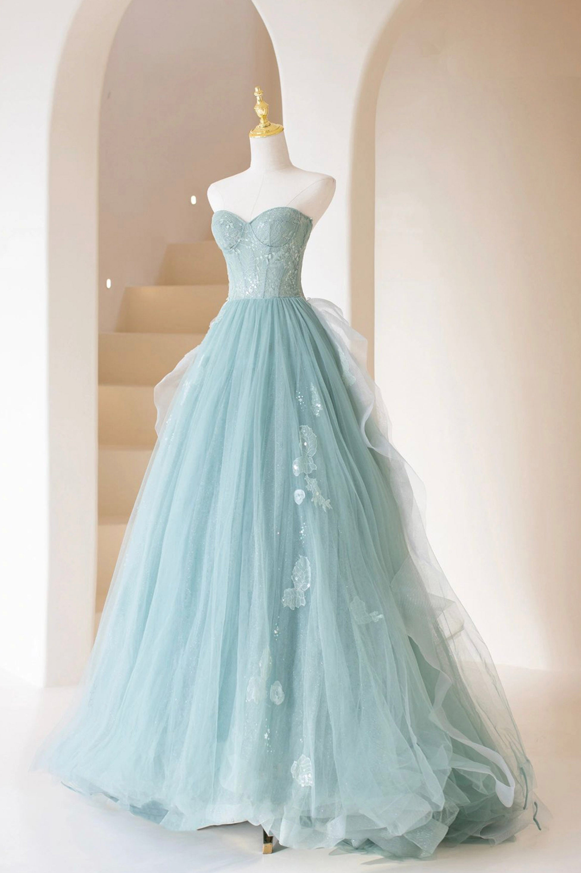 Homecomming Dress With Sleeves, Cute Tulle Strapless Long Prom Dress, A-Line Lace Formal Evening Dress