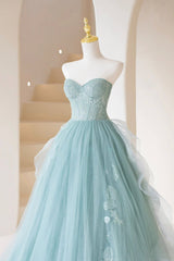 Homecoming Dress With Sleeves, Cute Tulle Strapless Long Prom Dress, A-Line Lace Formal Evening Dress