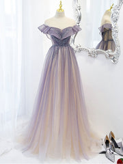 Homecomming Dresses Red, Purple Off Shoulder Tulle Sequin Long Prom Dress, Purple Evening Dress