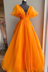Bridesmaid Dress Inspo, Orange Organza Long A-Line Prom Dress, Beautiful V-Neck Evening Dress