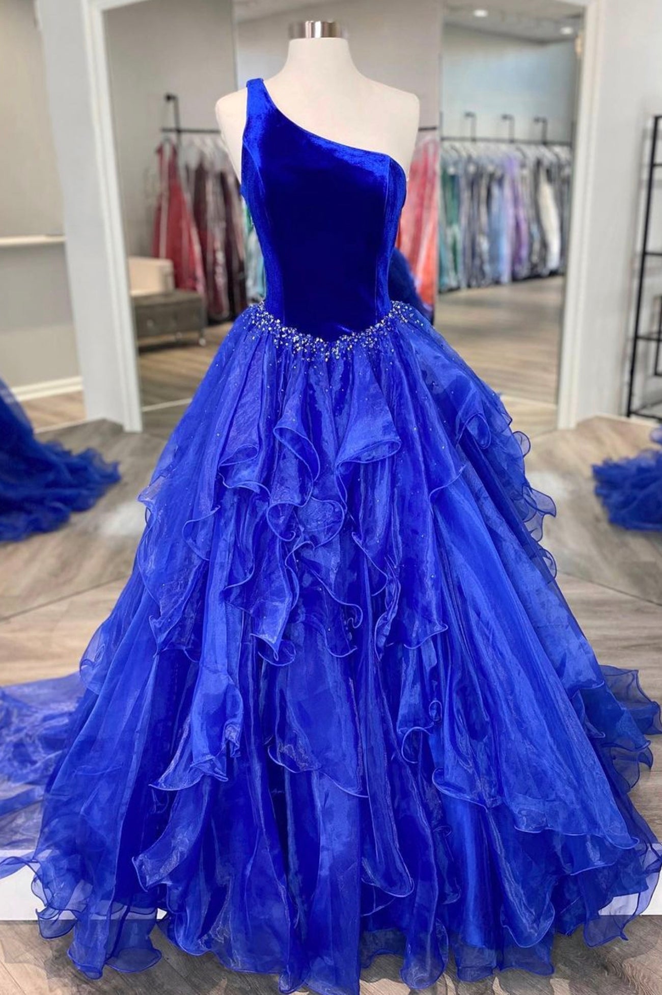 Club Dress, Blue Velvet Tulle One Shoulder Prom Dress, Blue Floor Length Evening Dress