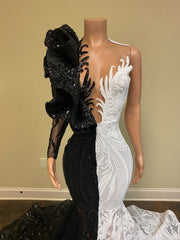 Party Dresses Ideas, Hot Half Black Half White One shoulder Long Sleeves Mermaid Prom Dresses