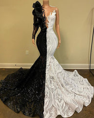 Party Dress A Line, Hot Half Black Half White One shoulder Long Sleeves Mermaid Prom Dresses