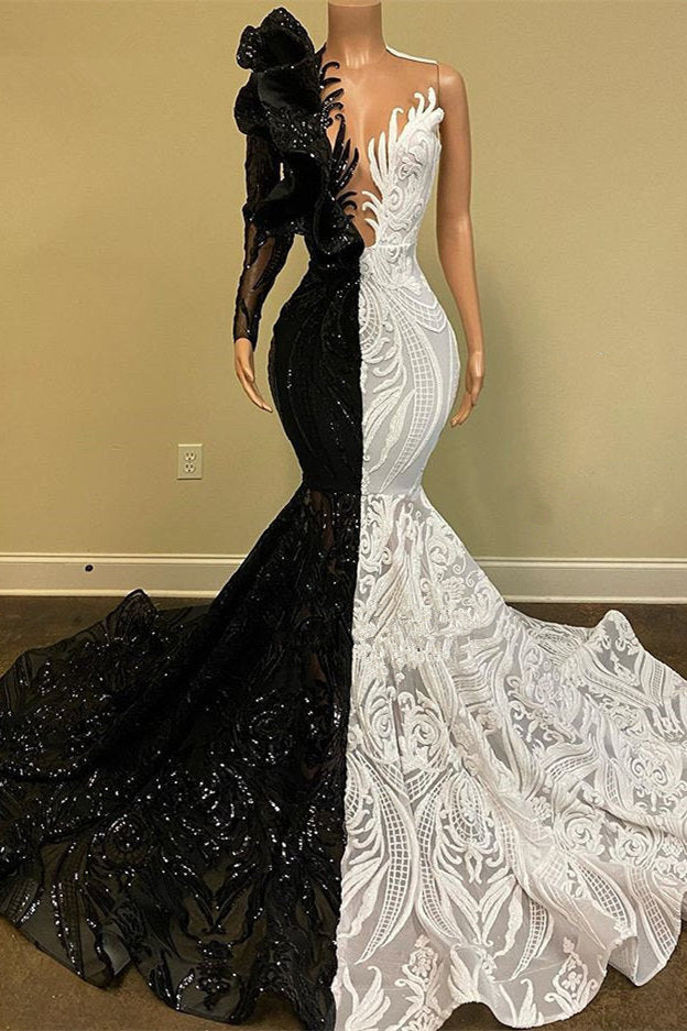 Party Dresse Idea, Hot Half Black Half White One shoulder Long Sleeves Mermaid Prom Dresses