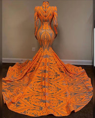 Party Dress Long, Hot Orange High neck Long Sleeves Mermaid Sequin Prom Dresses