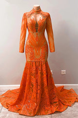 Party Dresses Long Dresses, Hot Orange High neck Long Sleeves Mermaid Sequin Prom Dresses