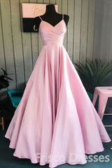 Party Dress On Sale, V-neck A-line Pink Spaghetti Straps Rushed Satin Long Prom Dresses