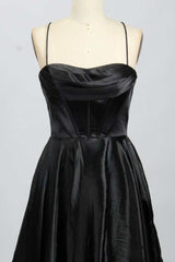 Prom Dresses Long Open Back, A-Line Black Sweetheart Lace-Up Prom Gown