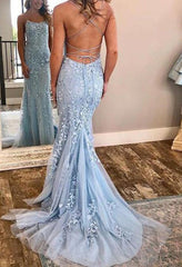 Prom Dresses Long Sleeve, Chic Trumpet Spaghetti Straps With Lace Appliques Light Blue Prom Dresses