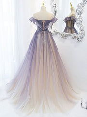 Homecoming Dress Red, Purple Off Shoulder Tulle Sequin Long Prom Dress, Purple Evening Dress