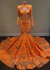 Party Dresses Long, Hot Orange High neck Long Sleeves Mermaid Sequin Prom Dresses