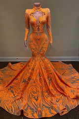 Party Dress Dress Code, Hot Orange High neck Long Sleeves Mermaid Sequin Prom Dresses