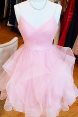 Silk Wedding Dress, short pink a line homecoming dress birthday dress with ruffled skirt