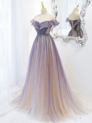 Homecoming Dress Fitted, Purple Off Shoulder Tulle Sequin Long Prom Dress, Purple Evening Dress