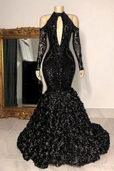 Party Dress Look, Black Sexy Keyhole Cool Shoulder Mermaid Flowers Prom Dresses