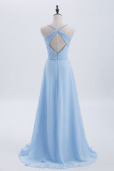 Bridesmaid Dress Design, Blue Pleated Straps Chiffon Long Bridesmaid Dress