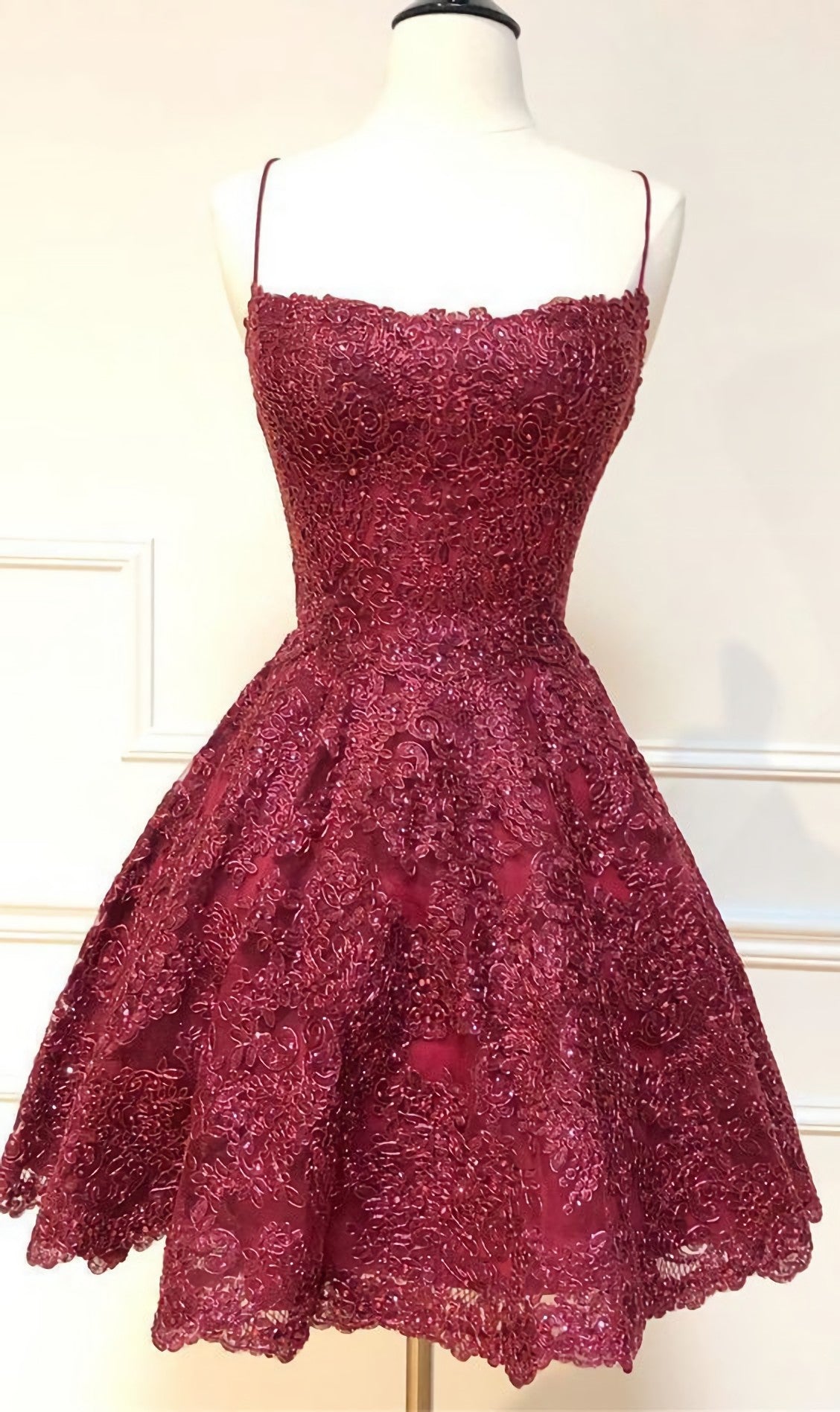 Formal Dress Fall, Formal Short Homecoming Dresses, Spaghetti Straps Cocktail Party Dresses, Burgundy Lace Homecoming Dresses, 2476