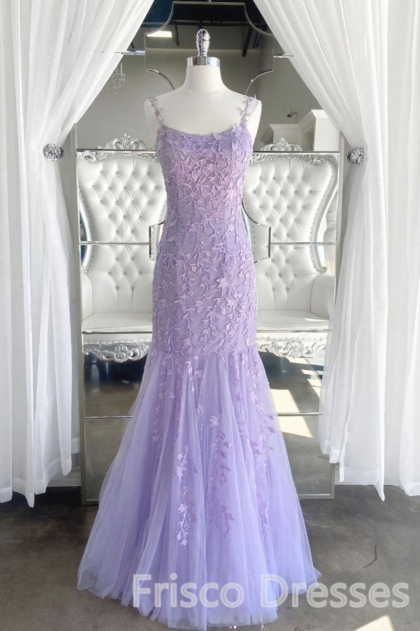 Party Dress Online, Lilac Spaghetti Straps Long Lace Tulle Evening Dresses Mermaid Appliques Prom Dresses