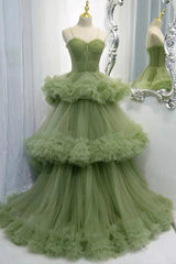 Party Dress Over 46, Princess Spaghetti Straps Green Tulle Long  Dress A line Tiered Formal Dress