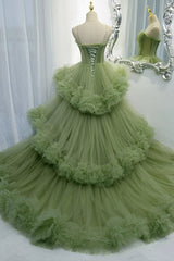 Party Dress Emerald Green, Princess Spaghetti Straps Green Tulle Long  Dress A line Tiered Formal Dress