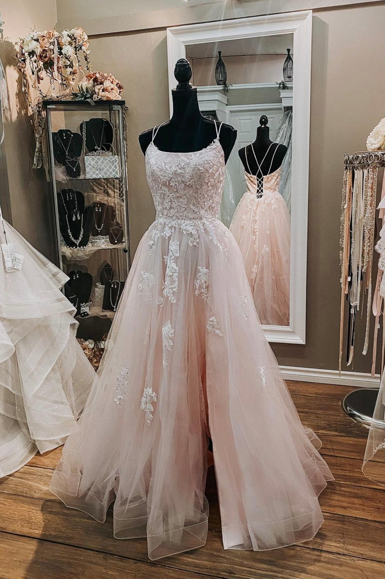 Bridesmaids Dresses Uk, Pink Tulle Lace Long Formal Dresses, A-Line Evening Party Dresses