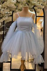 Evening Dresses Knee Length, White Cold Shoulder Straps Puff Long Sleeves Homecoming Dress